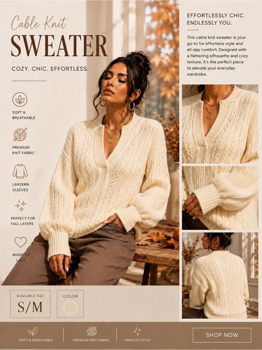 Cozy Cable Knit V-Neck Sweater in Cream